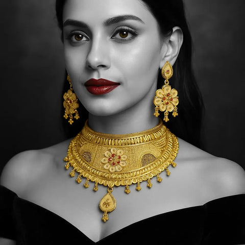 Gold Plated Bridal Choker Necklace Set with Earrings – Floral Design