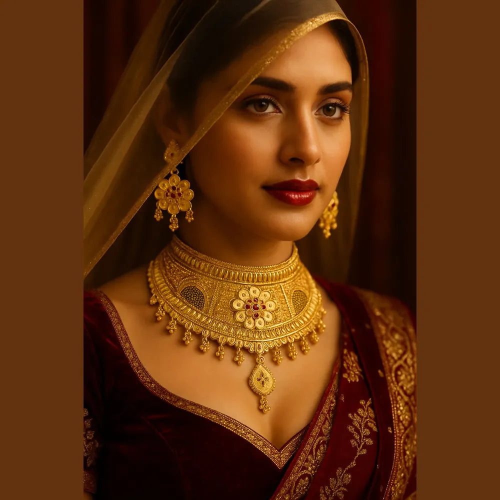 Gold Plated Bridal Choker Necklace Set with Earrings – Floral Design