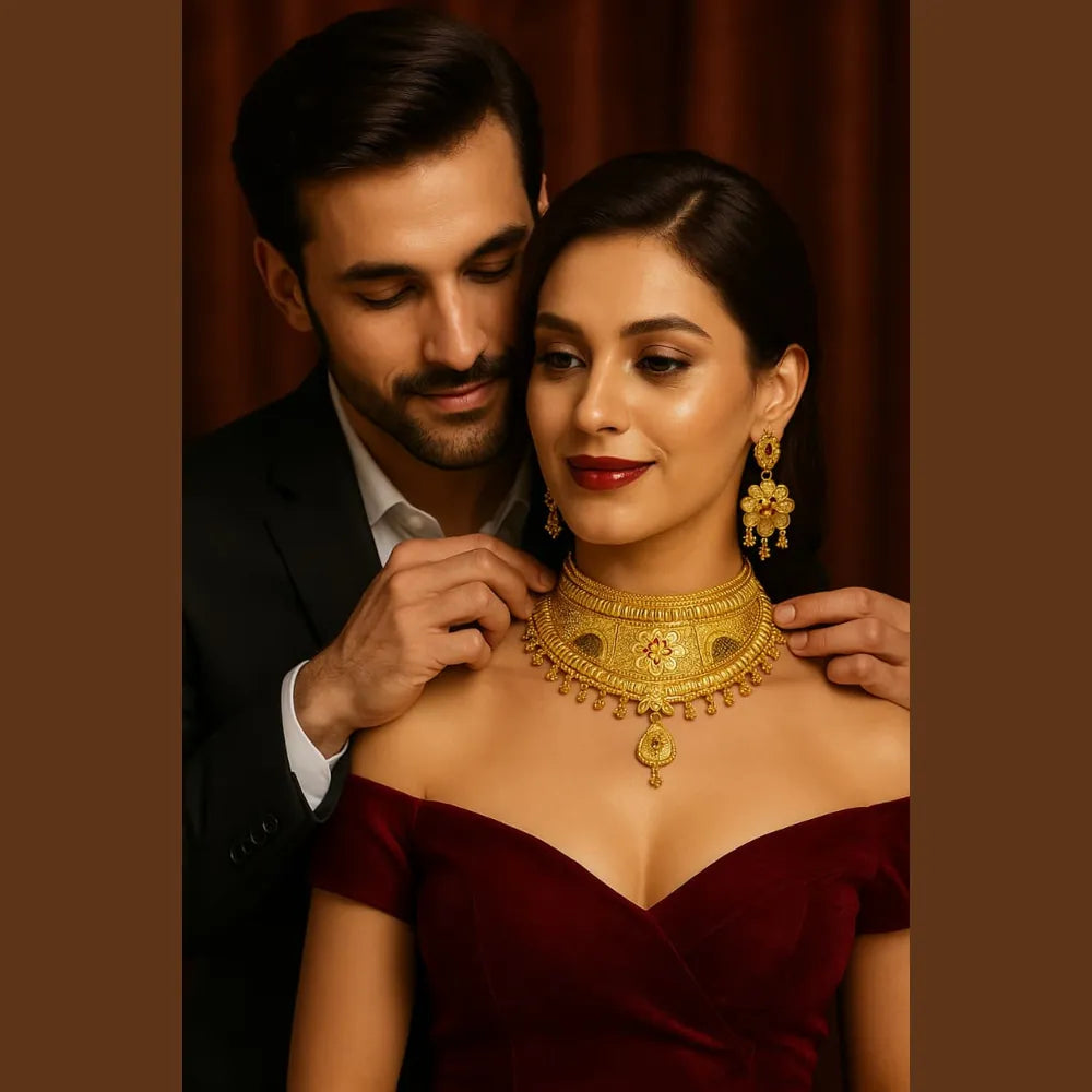 Gold Plated Bridal Choker Necklace Set with Earrings – Floral Design