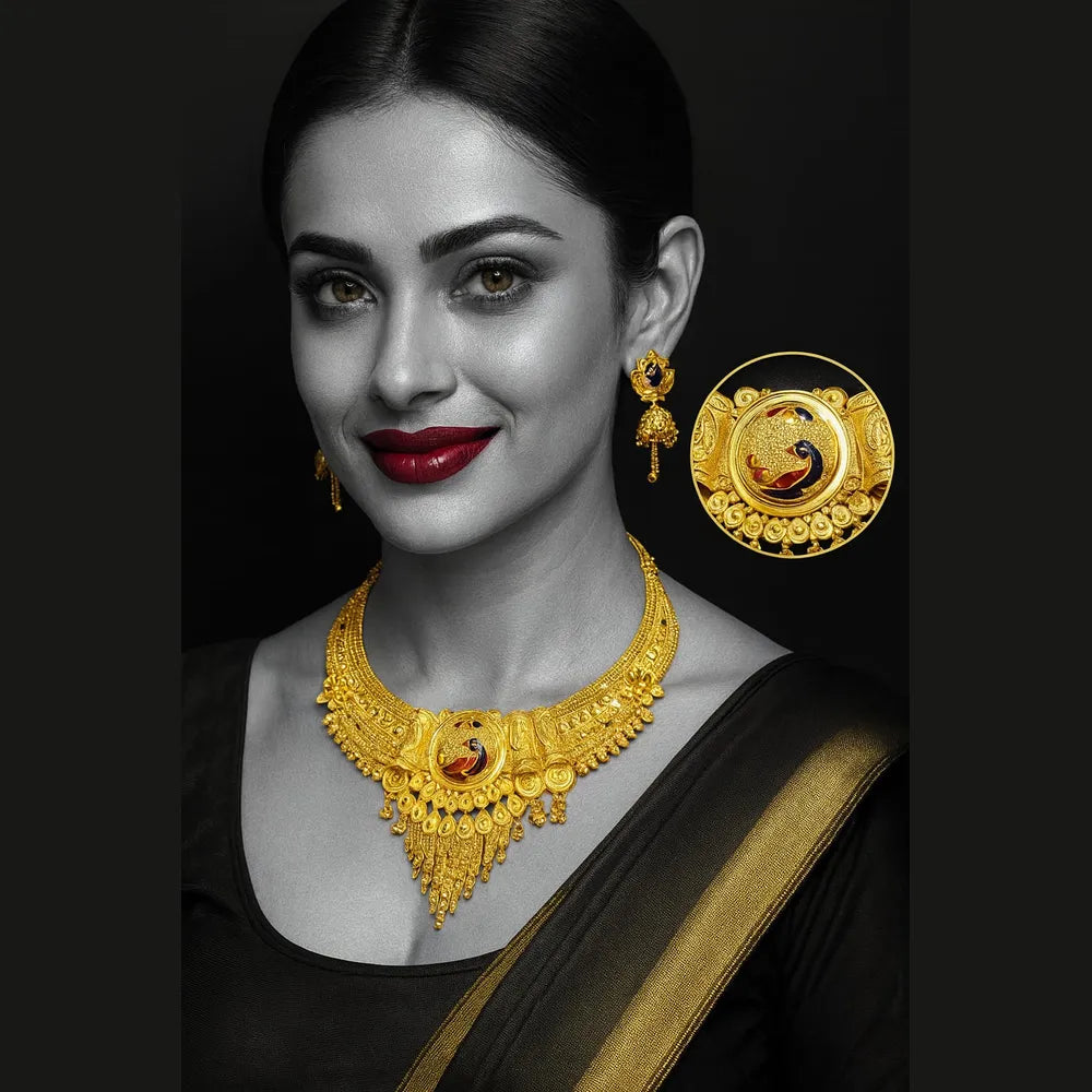 Royal Peacock Gold Plated Bridal Necklace Set with Earrings – 38g