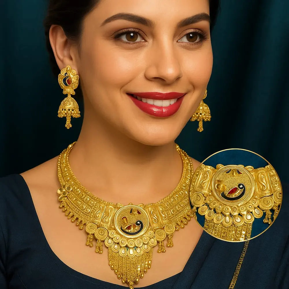 Royal Peacock Gold Plated Bridal Necklace Set with Earrings – 38g