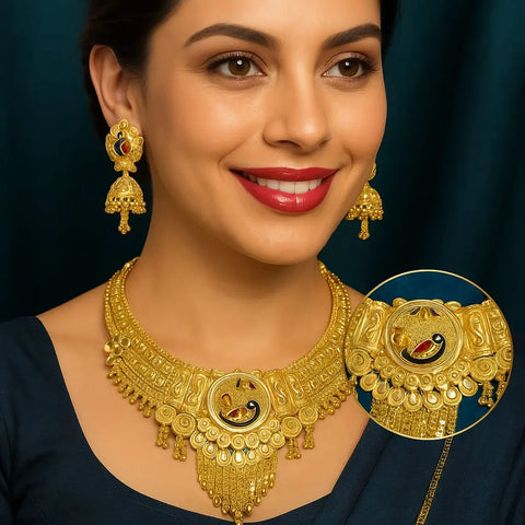 Royal Peacock Gold Plated Bridal Necklace Set with Earrings – 38g