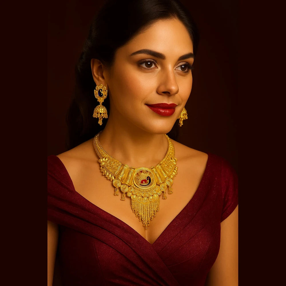 Royal Peacock Gold Plated Bridal Necklace Set with Earrings – 38g