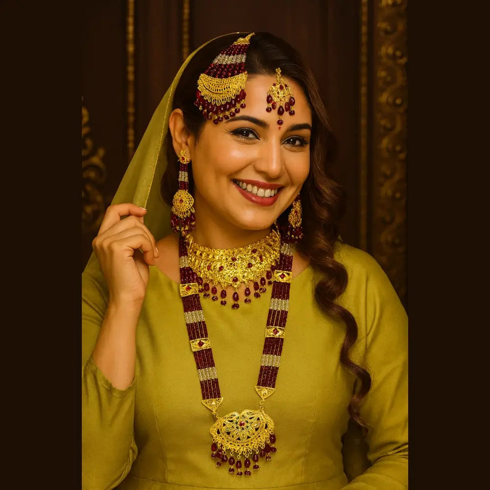Product image of Exclusive Maroon Crystal Beads Gold Finish Bridal Combo Jewellery Set Choker Long Necklace Earrings Maangtika Pasa Nath …