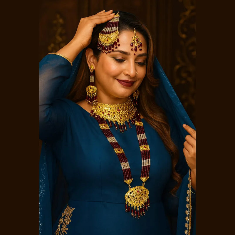 Exclusive Gold Finish Bridal Combo Set with Maroon Crystal Beads – Complete Jewellery Collection