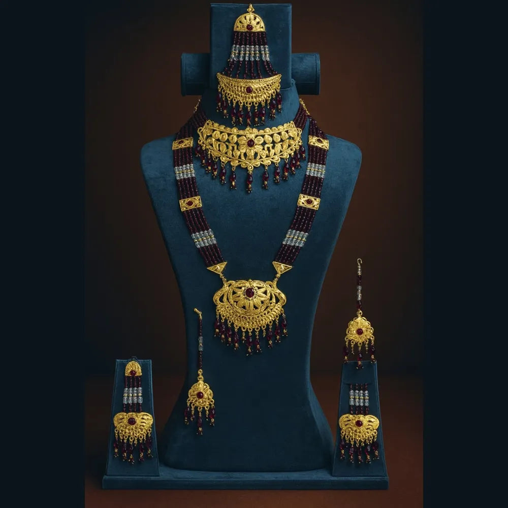 Product image of Exclusive Maroon Crystal Beads Gold Finish Bridal Combo Jewellery Set Choker Long Necklace Earrings Maangtika Pasa Nath …