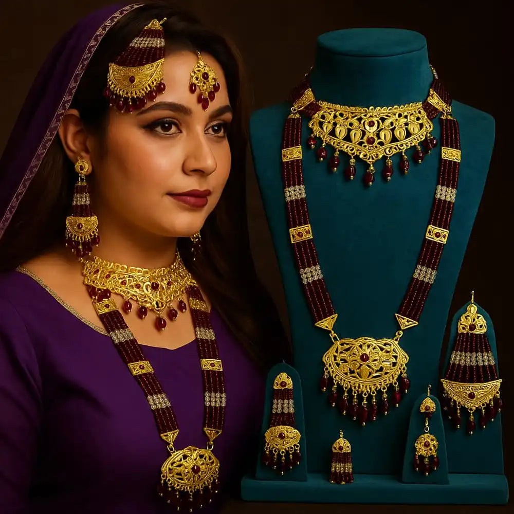 Product image of Exclusive Maroon Crystal Beads Gold Finish Bridal Combo Jewellery Set Choker Long Necklace Earrings Maangtika Pasa Nath …