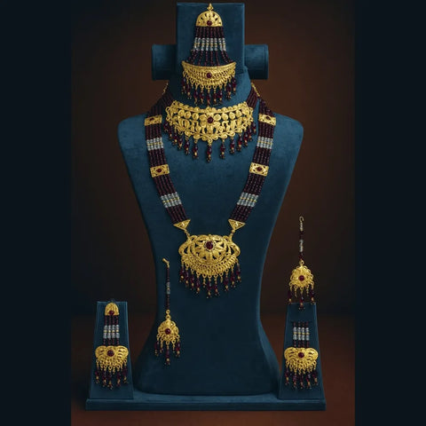 Exclusive Gold Finish Bridal Combo Set with Maroon Crystal Beads – Complete Jewellery Collection