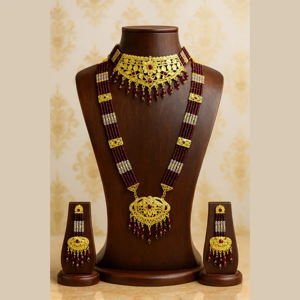 Product image of Exclusive Maroon Crystal Beads Gold Finish Bridal Combo Jewellery Set Choker Long Necklace Earrings Maangtika Pasa Nath …