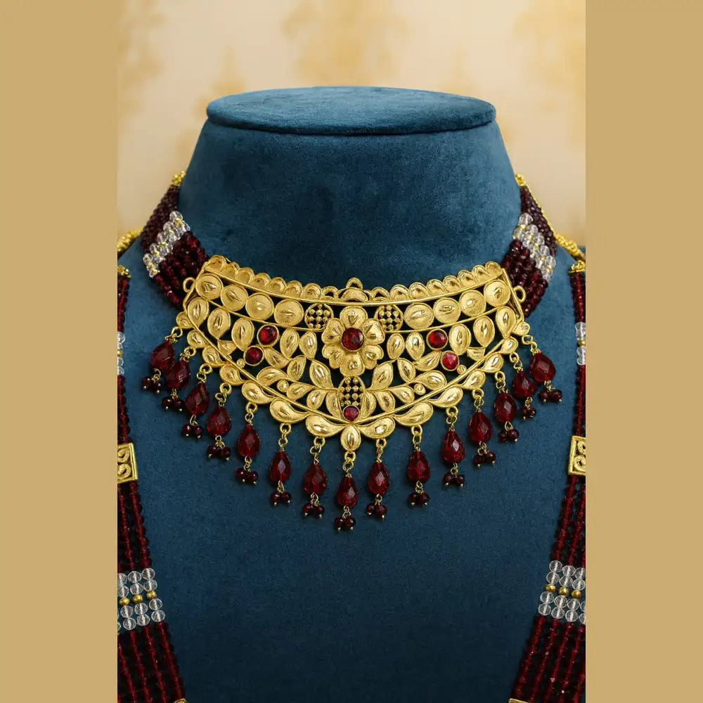 Product image of Exclusive Maroon Crystal Beads Gold Finish Bridal Combo Jewellery Set Choker Long Necklace Earrings Maangtika Pasa Nath …