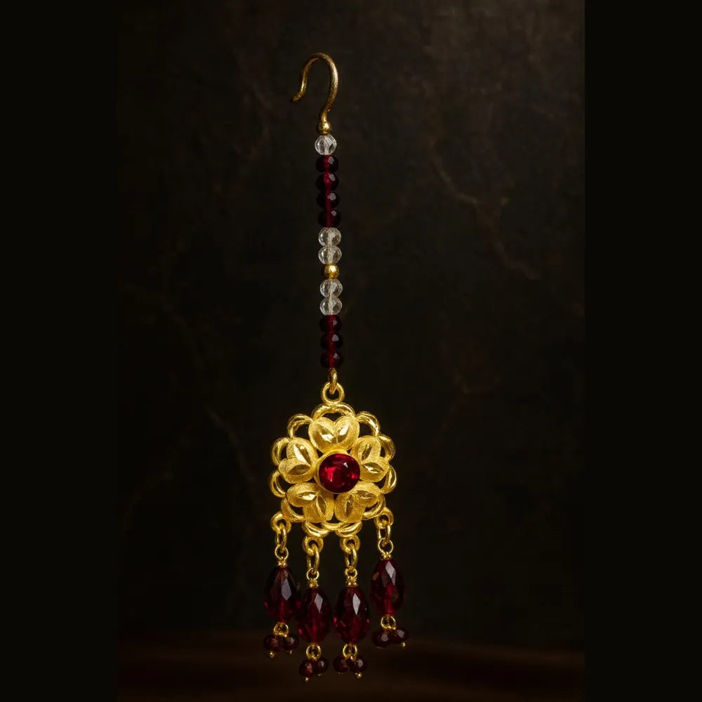 Product image of Exclusive Maroon Crystal Beads Gold Finish Bridal Combo Jewellery Set Choker Long Necklace Earrings Maangtika Pasa Nath …