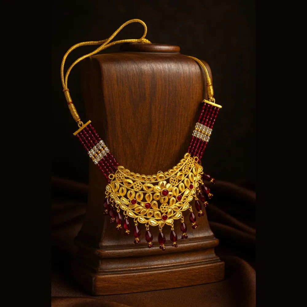 Product image of Exclusive Maroon Crystal Beads Gold Finish Bridal Combo Jewellery Set Choker Long Necklace Earrings Maangtika Pasa Nath …