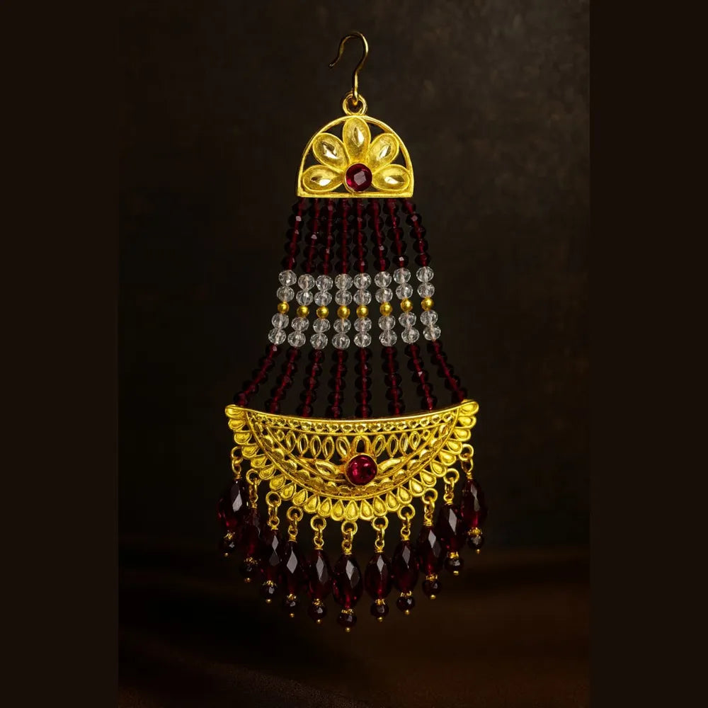 Product image of Exclusive Maroon Crystal Beads Gold Finish Bridal Combo Jewellery Set Choker Long Necklace Earrings Maangtika Pasa Nath …