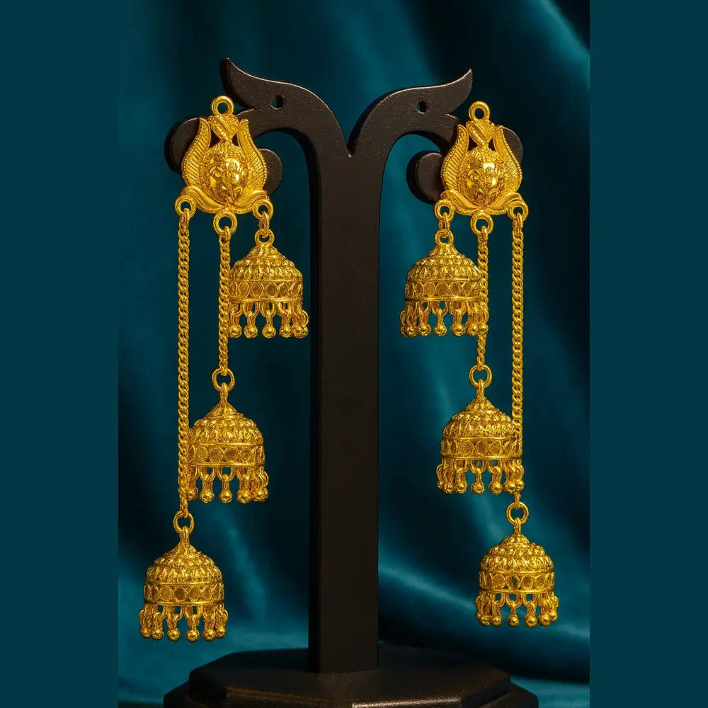 Product image of Exclusive Gold-Plated Triple Jhumka Earrings – Handmade Temple Design – image 1