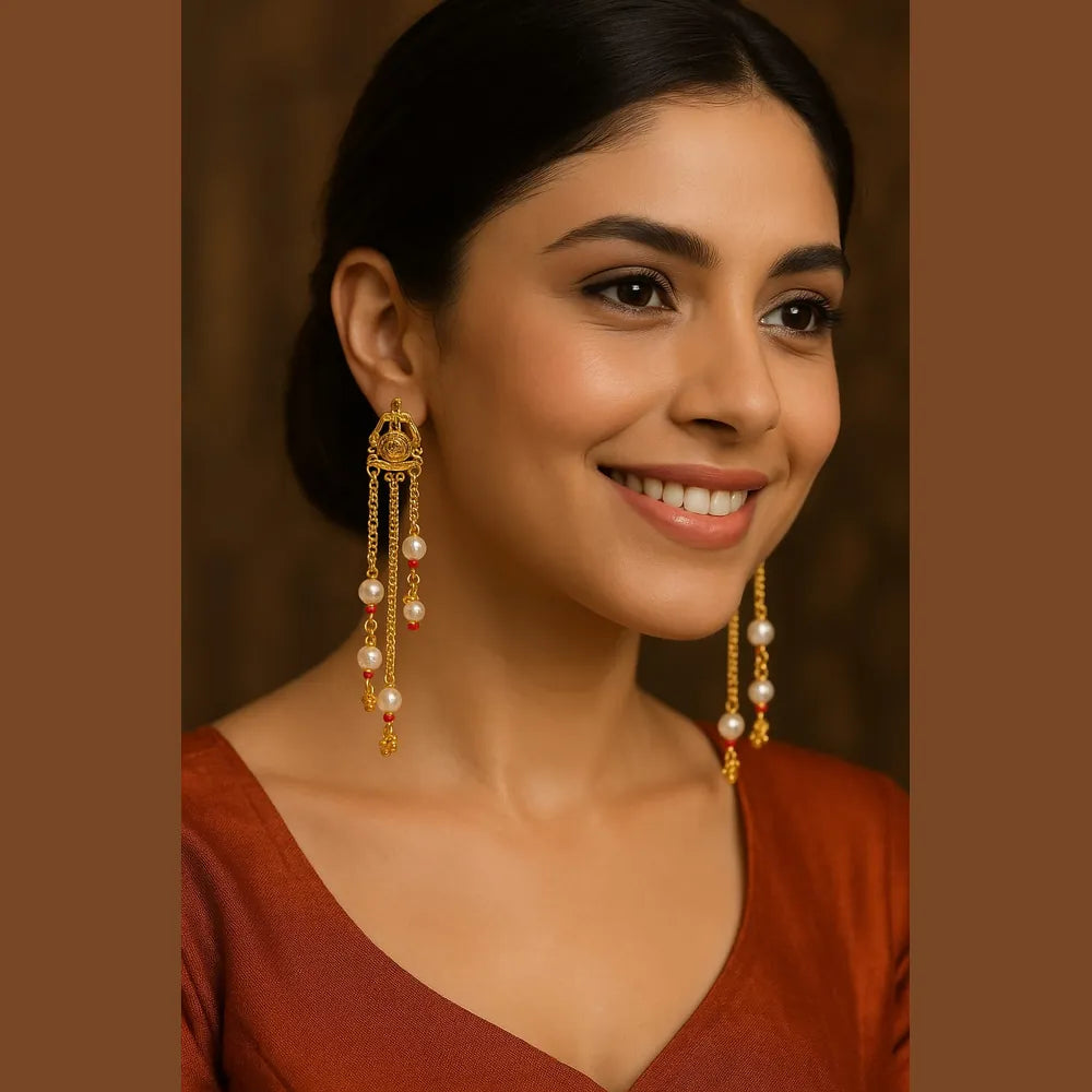 Product image of Gold Plated Handmade Temple Jhumka Earrings For Women Screwback Long Drop Design Copy – image 8