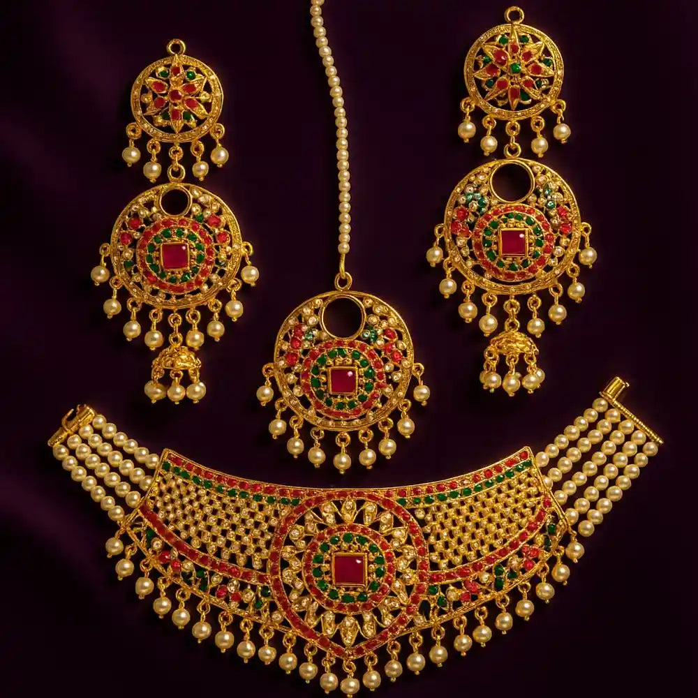 Product image of Multicolour Stone Pearl Choker Necklace Set with Earrings & Maangtika – Bridal Jewellery – image 1