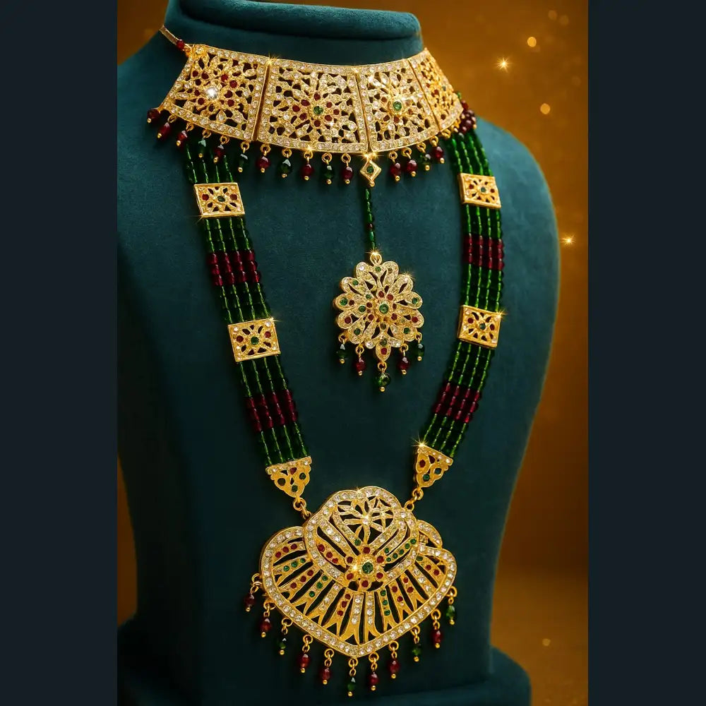Product image of Bridal Green Beads Gold Plated Ad Necklace Set – image 2