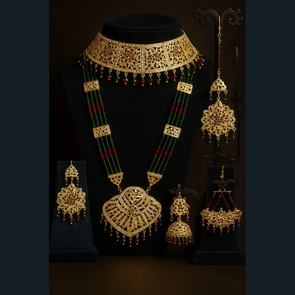Product image of Bridal Green Beads & Gold Plated AD Choker Long Necklace Set with Earrings & Maang Tikka – image 1