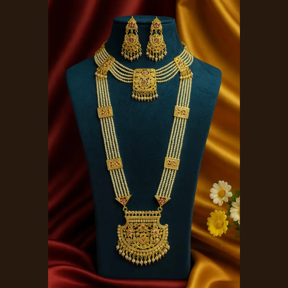 Product image of Royal Temple Style Pearl & AD Stone Long Necklace Set with Earrings – image 1