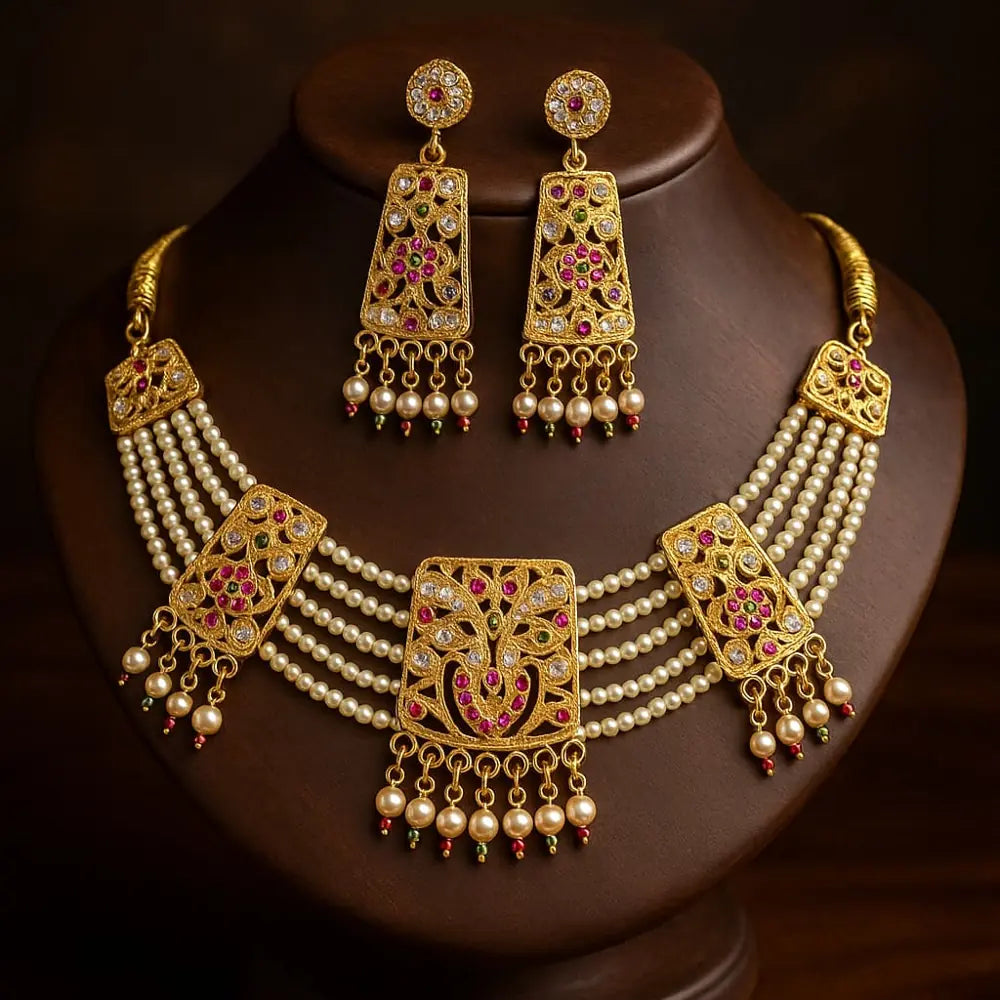 Product image of Traditional Red Beads & Gold Plated Choker Set with Earrings – image 1