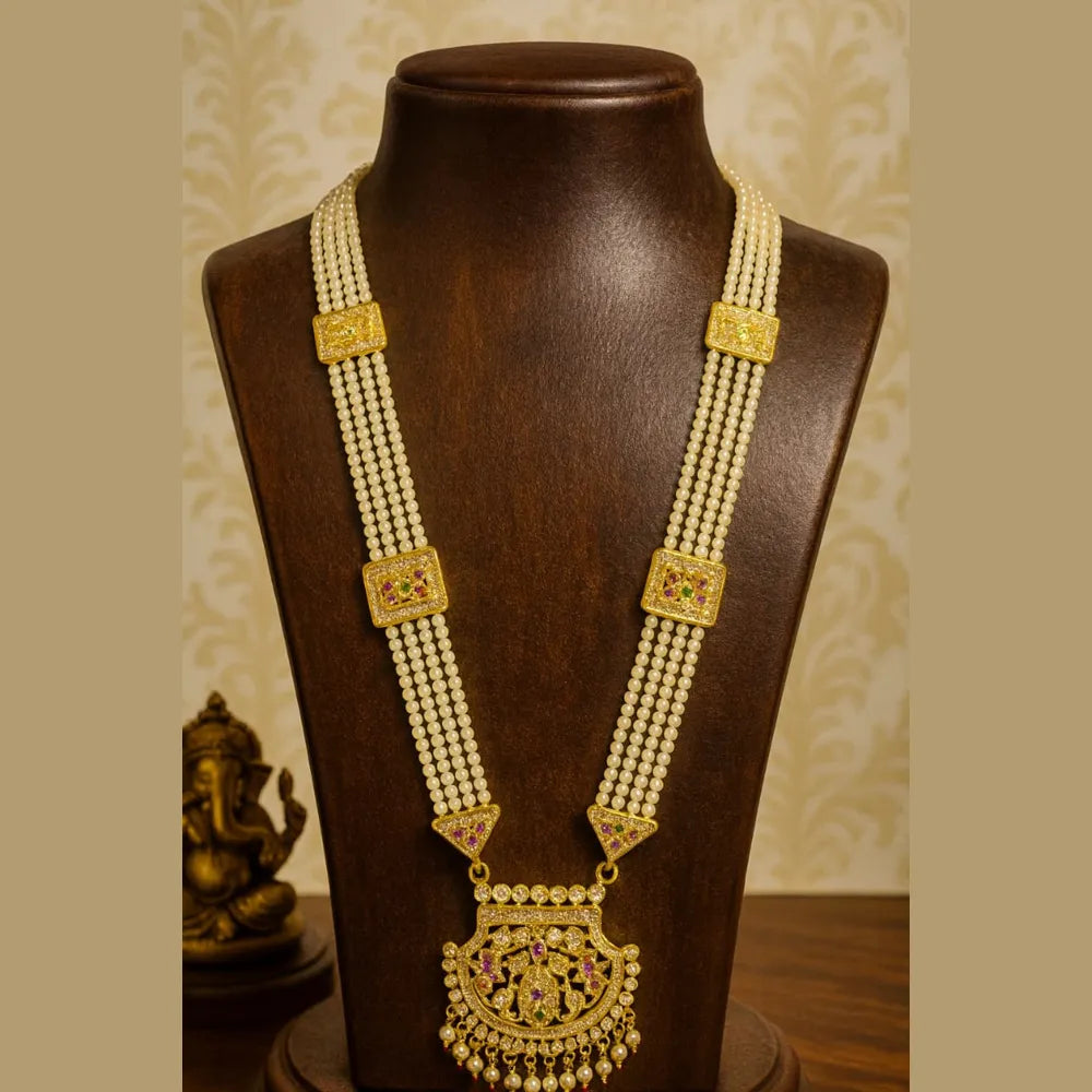 Product image of Shahi Jadau Pearl Necklace Set with Earrings – Gold Plated & AD Stones – image 1