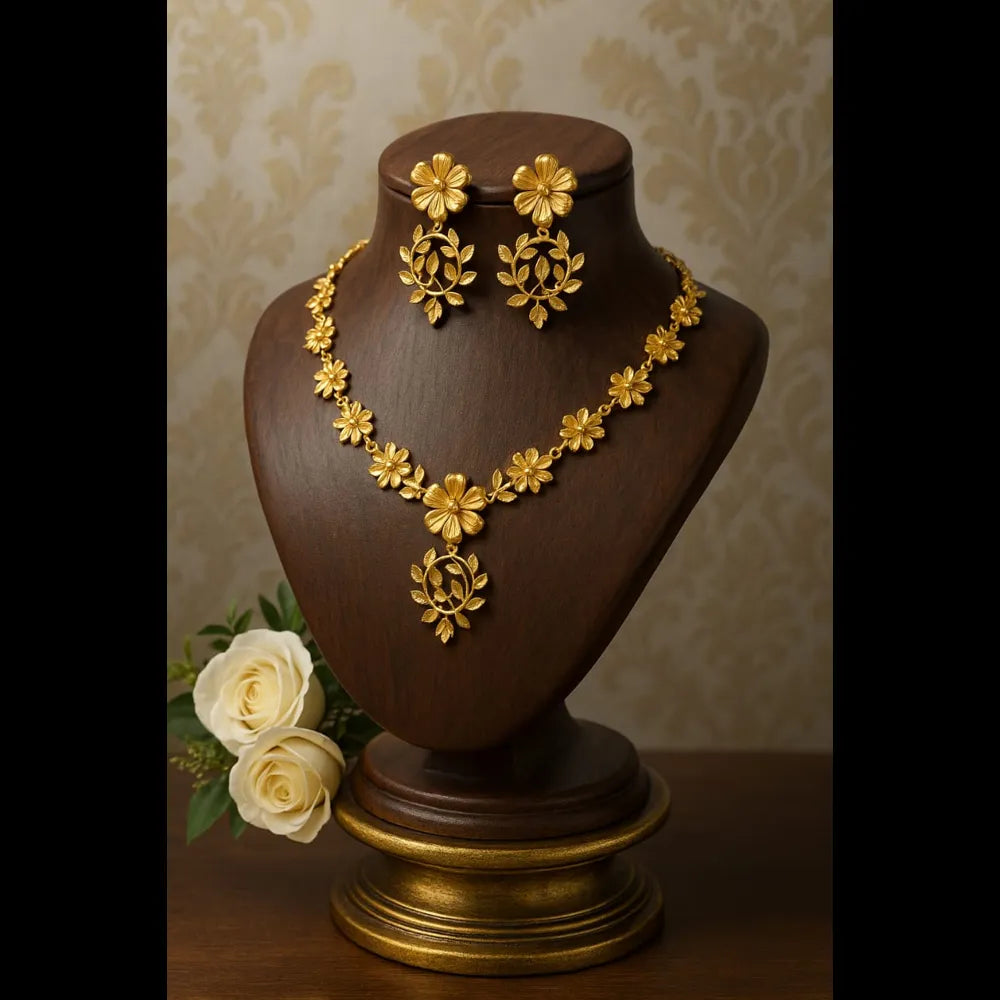 Handmade Floral Design Gold-Plated Necklace & Earrings Set – Real Gold Look
