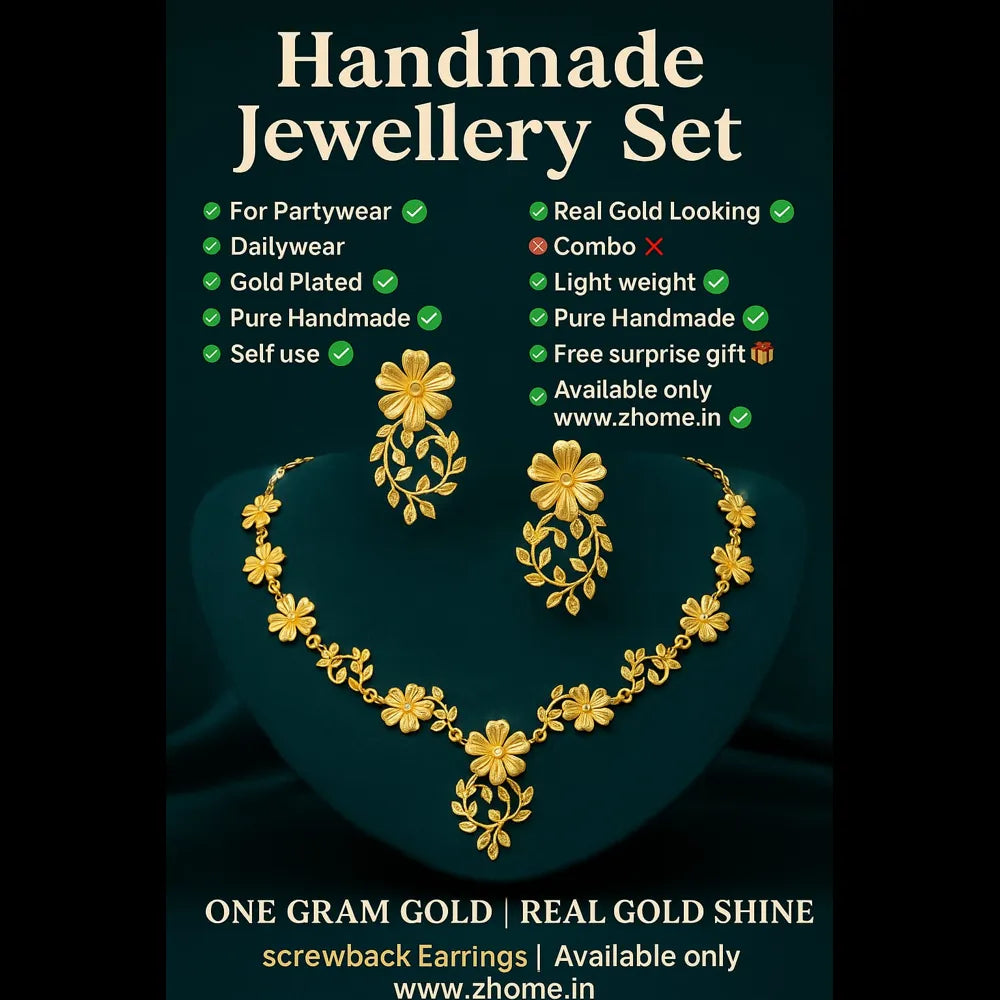 Handmade Floral Design Gold-Plated Necklace & Earrings Set – Real Gold Look