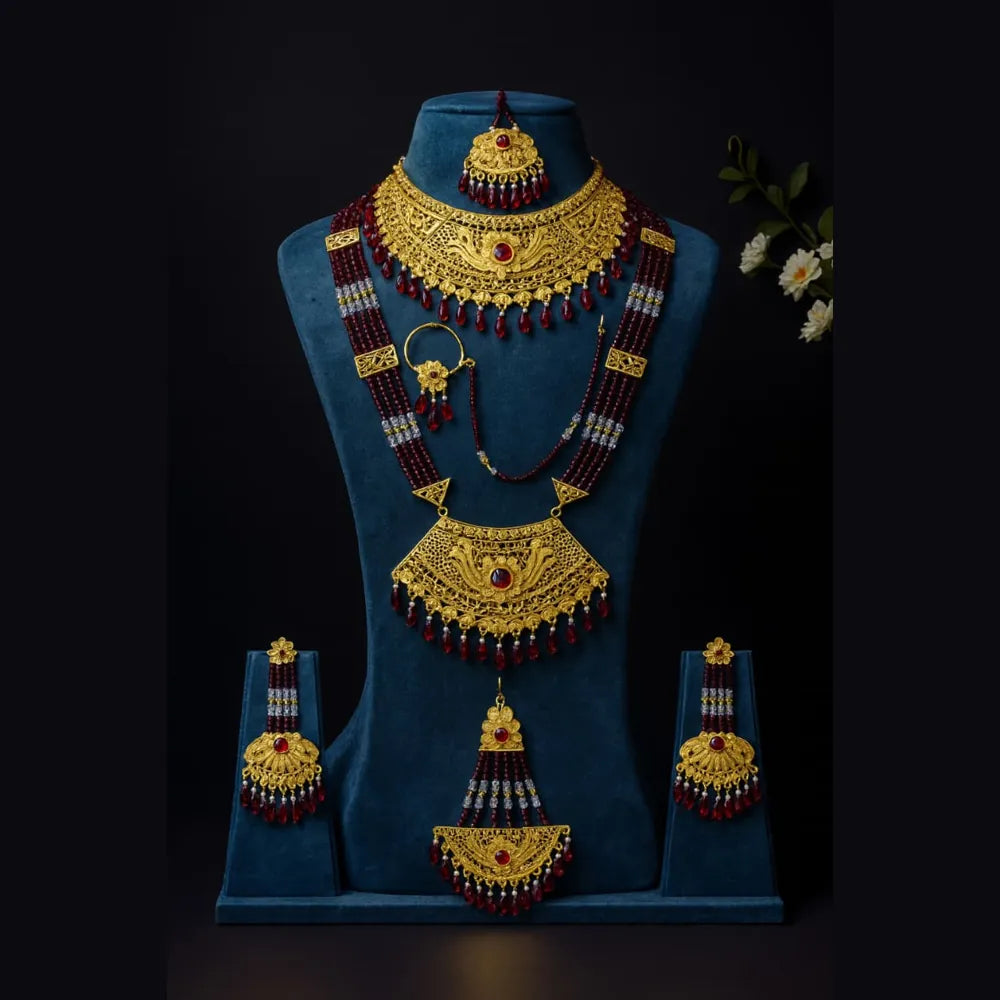 Product image of Maroon Crystal Bridal Gold-Plated Jewellery Set – Full Combo – image 1