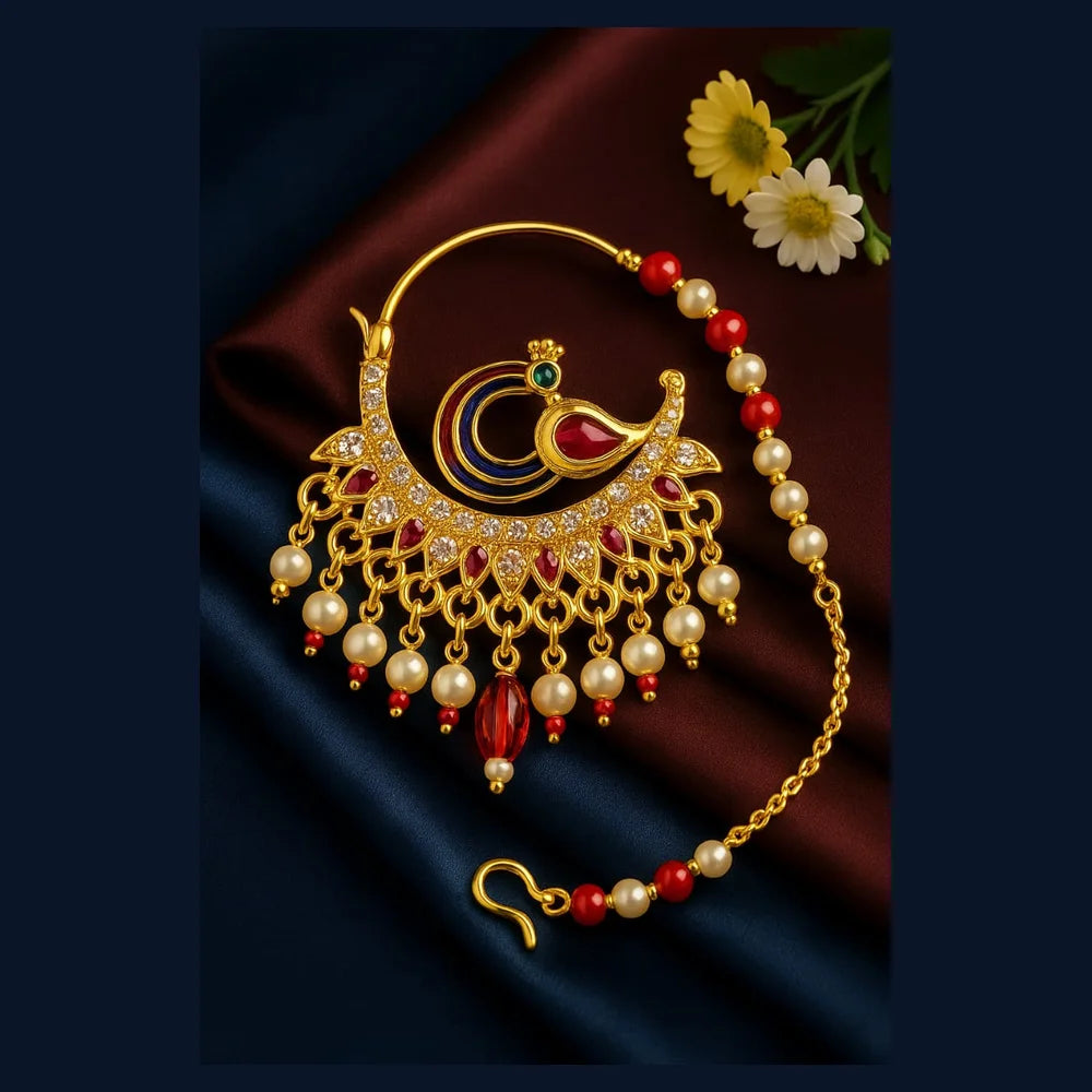 Bridal Jadau Nath – Gold Plated Nose Ring with Pearls & Stones
