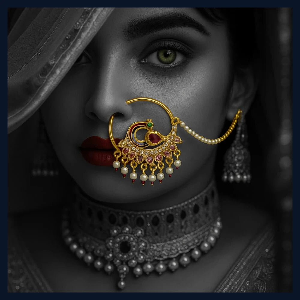Bridal Jadau Nath – Gold Plated Nose Ring with Pearls & Stones