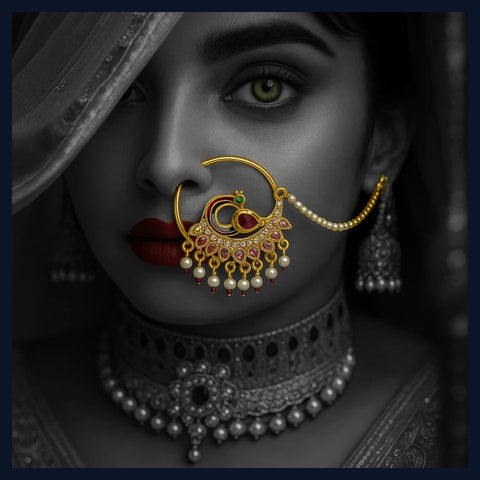 Bridal Jadau Nath – Gold Plated Nose Ring with Pearls & Stones
