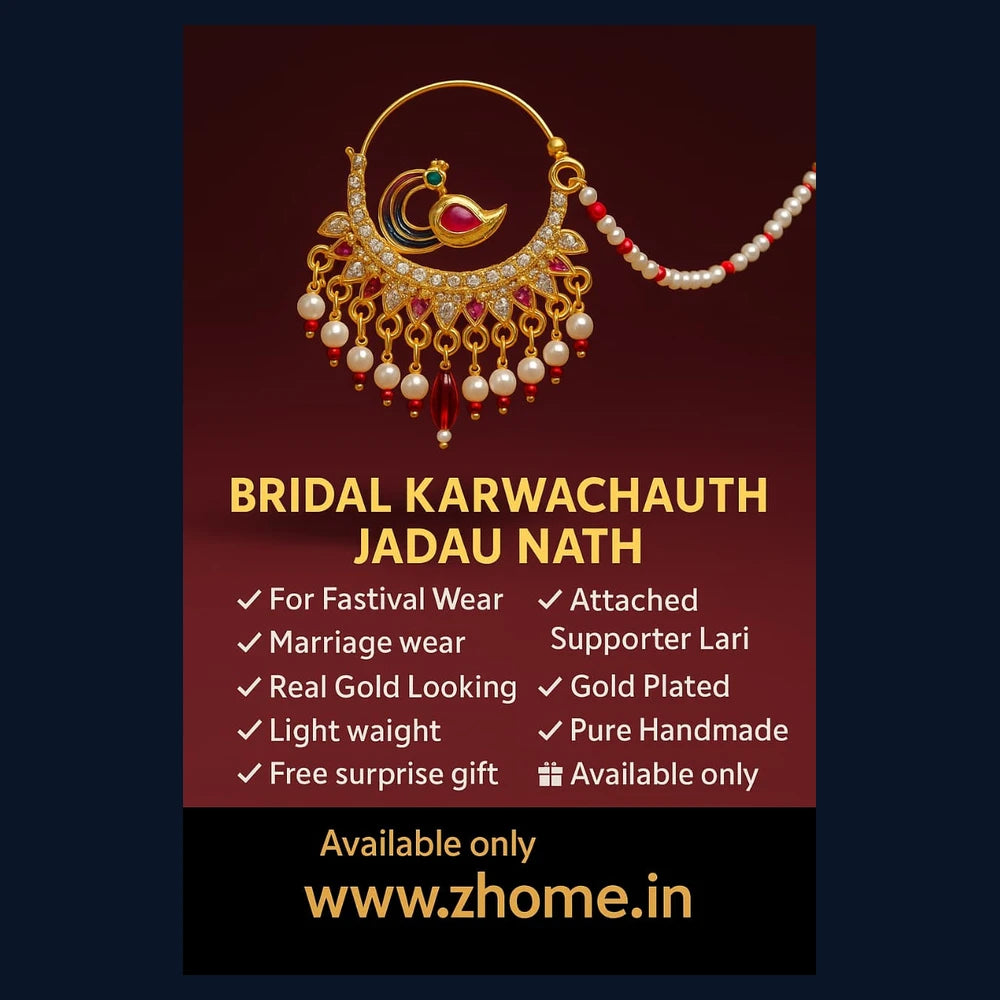 Bridal Jadau Nath – Gold Plated Nose Ring with Pearls & Stones
