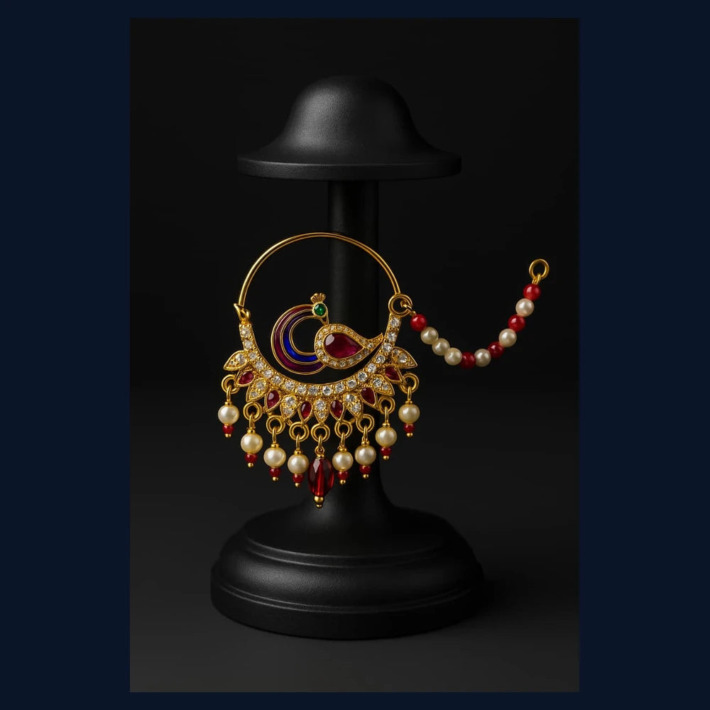 Bridal Jadau Nath – Gold Plated Nose Ring with Pearls & Stones