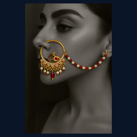 Bridal Jadau Nath – Gold Plated Nose Ring with Pearls & Stones