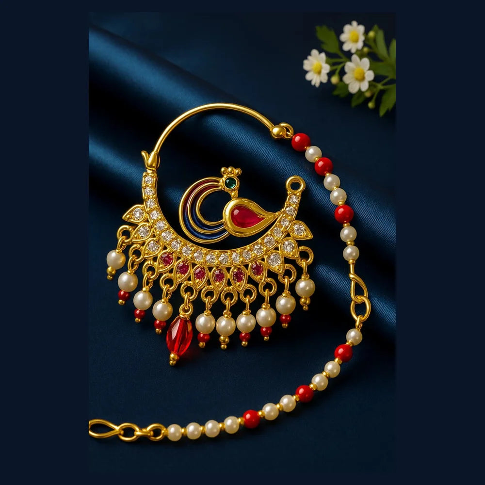 Bridal Jadau Nath – Gold Plated Nose Ring with Pearls & Stones