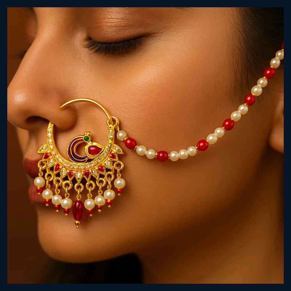 Bridal Jadau Nath – Gold Plated Nose Ring with Pearls & Stones