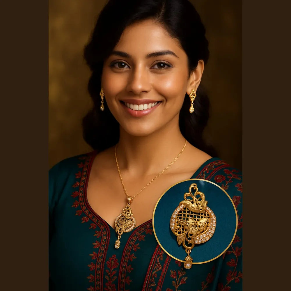 Product image of Beautiful Gold Plated Chain Pendant With Earrings Zhome – image 2