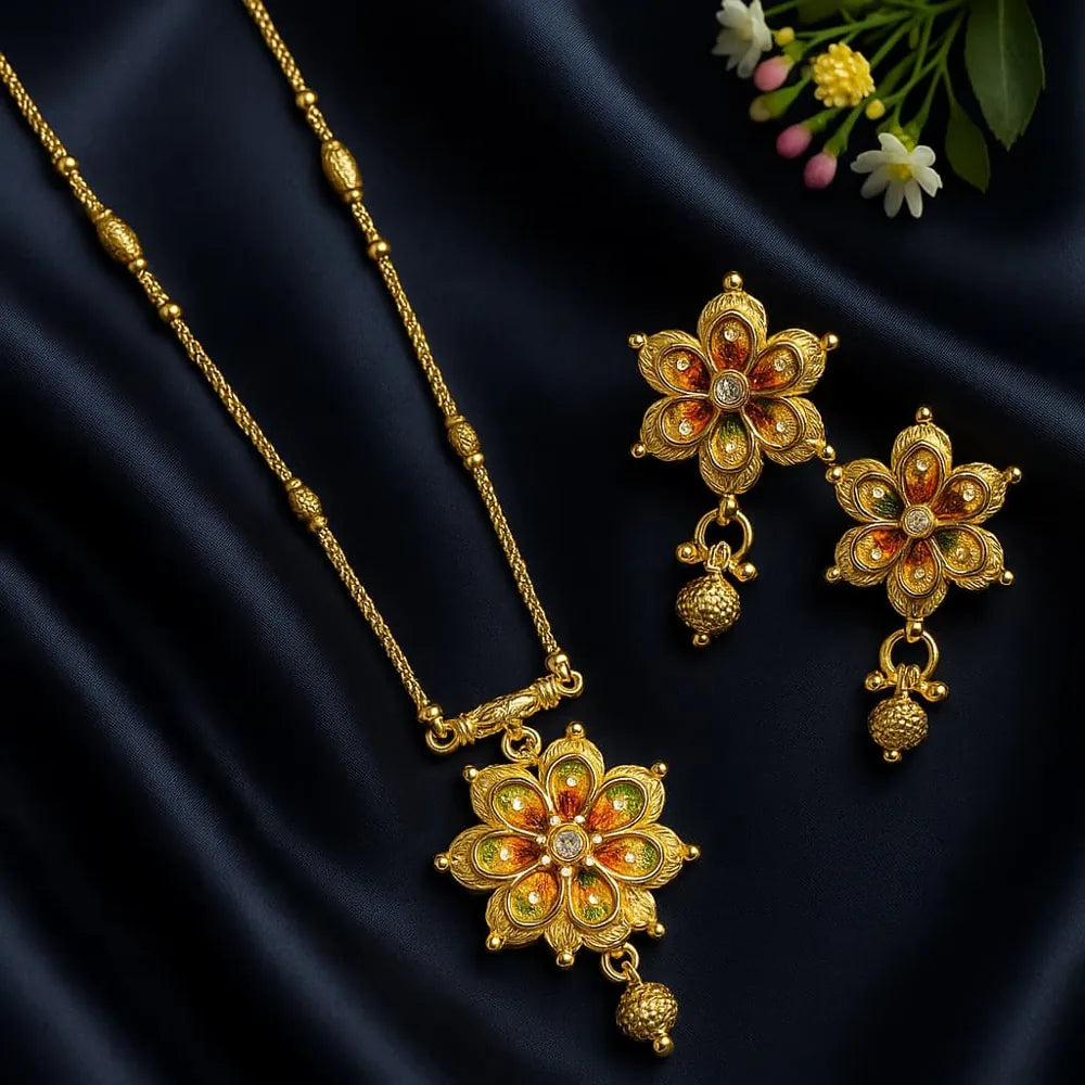 ZHome Exclusive One Gram Gold Floral Necklace Set with Earrings – Handmade Traditional Design