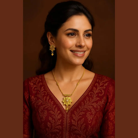 ZHome Exclusive One Gram Gold Floral Necklace Set with Earrings – Handmade Traditional Design