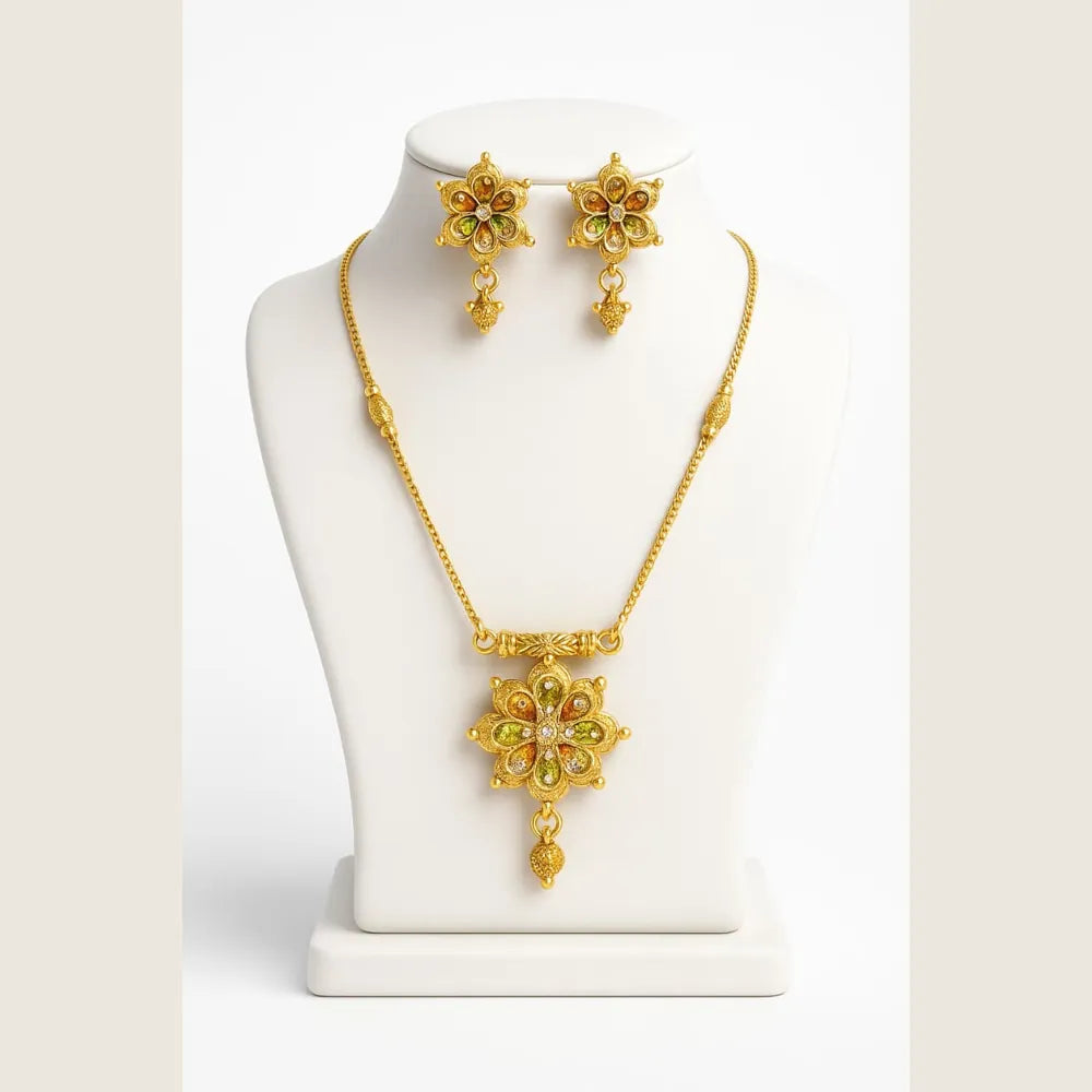 ZHome Exclusive One Gram Gold Floral Necklace Set with Earrings – Handmade Traditional Design