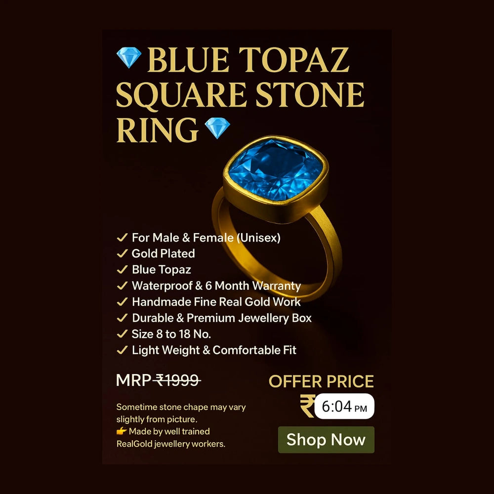 Blue Topaz Square Stone Ring — Gold Plated, Unisex (Sizes 8–18)