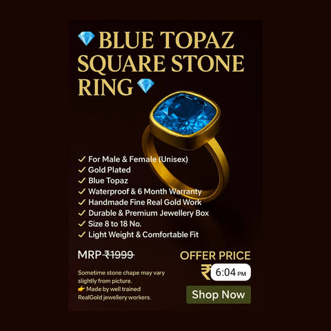 Blue Topaz Square Stone Ring — Gold Plated, Unisex (Sizes 8–18)