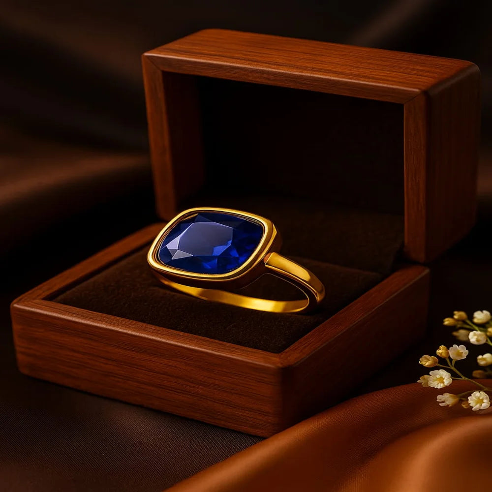 Royal Blue Zircon Gold Plated Unisex Ring – Handmade, Elegant & Stylish