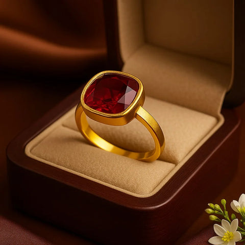 Ruby Red Zircon Gold Plated Unisex Ring – Handmade with Premium Shine