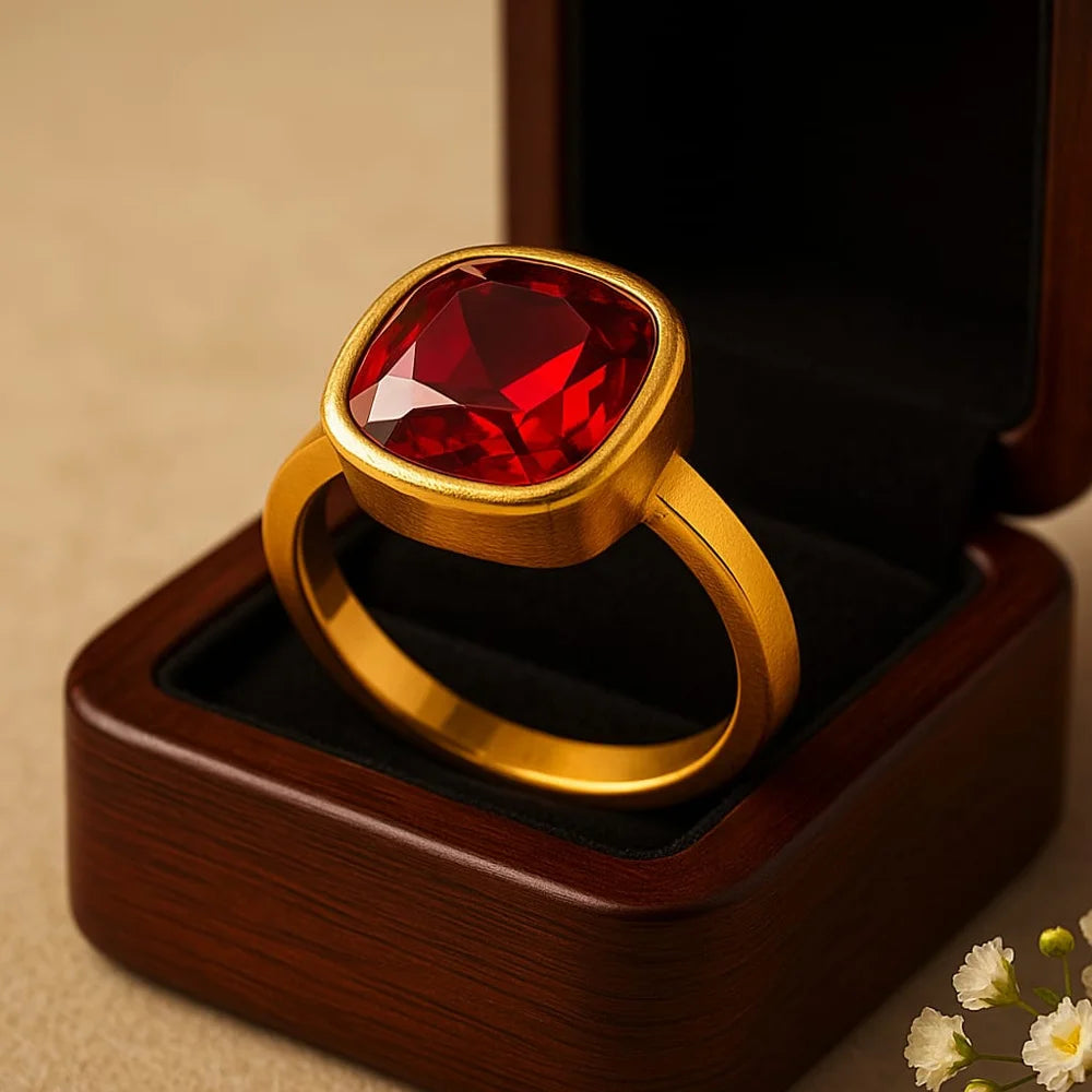 Ruby Red Zircon Gold Plated Unisex Ring – Handmade with Premium Shine