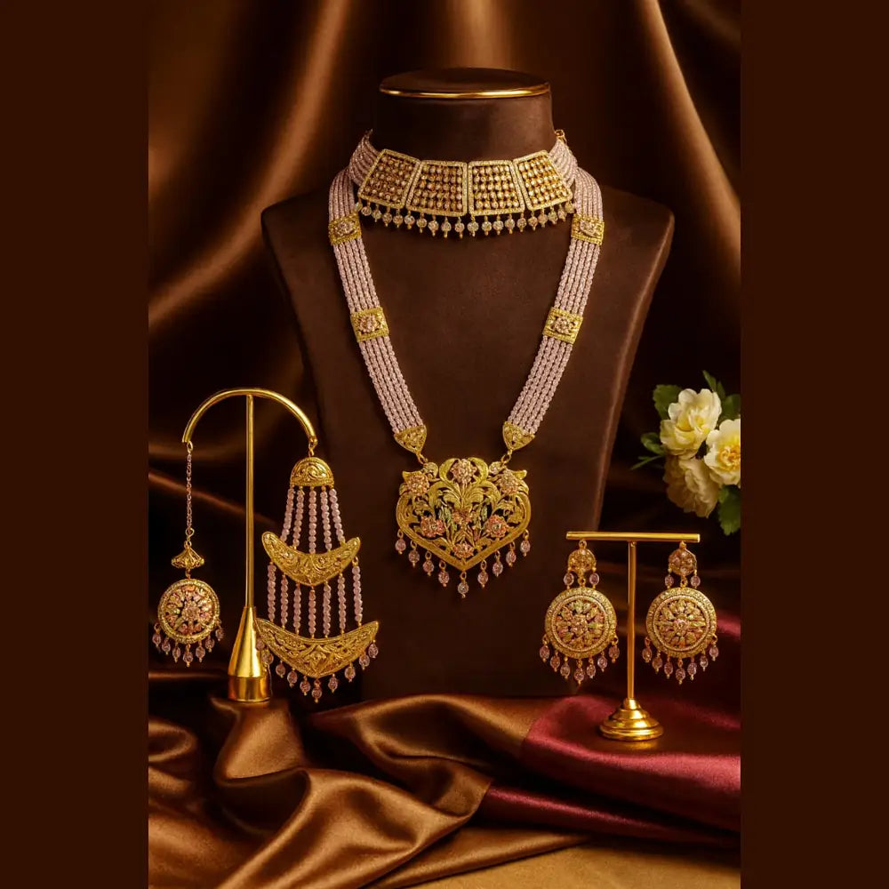 Product image of Royal Bridal Kundan Choker & Long Necklace Set with Earrings – Premium Gold Polish – image 1
