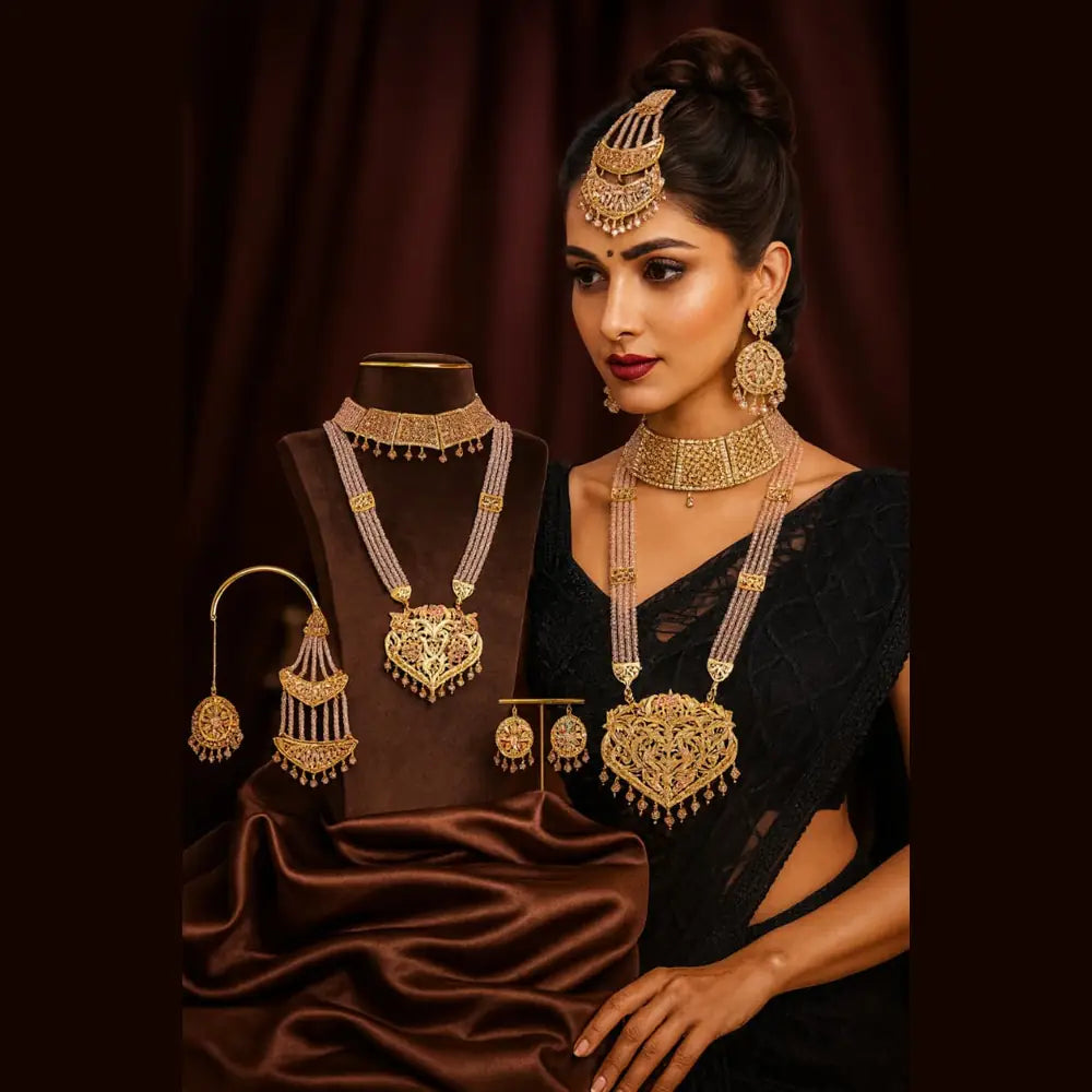 Product image of Royal Bridal Kundan Choker Long Necklace Set With Earrings Premium Gold Polish – image 5