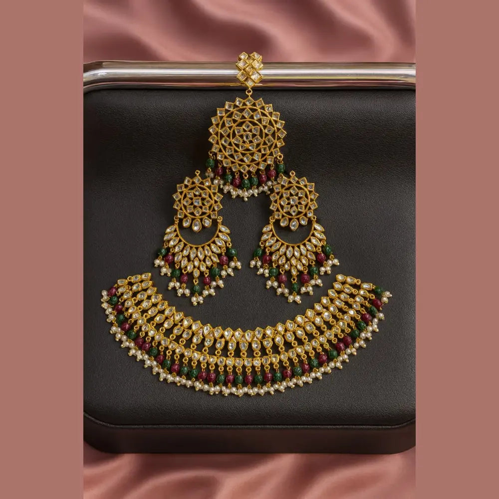 Product image of Floral Gold Plated Bridal Choker Set With Drop Pendant Teardrop Earrings Copy – image 4