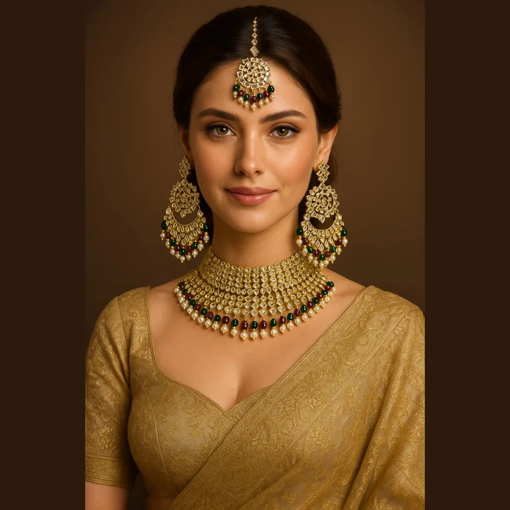 Product image of Floral Gold Plated Bridal Choker Set With Drop Pendant Teardrop Earrings Copy – image 9