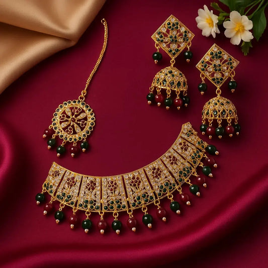 Product image of Exclusive Jadau Gold-Plated Bridal Choker Necklace Set with Earrings & Maangtika | One Gram Gold Look | Handmade by Real…